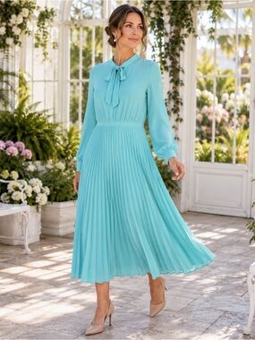 Calvin Klein Pleated Midi Dress Aqua Tie Neck Long Sleeve NWT